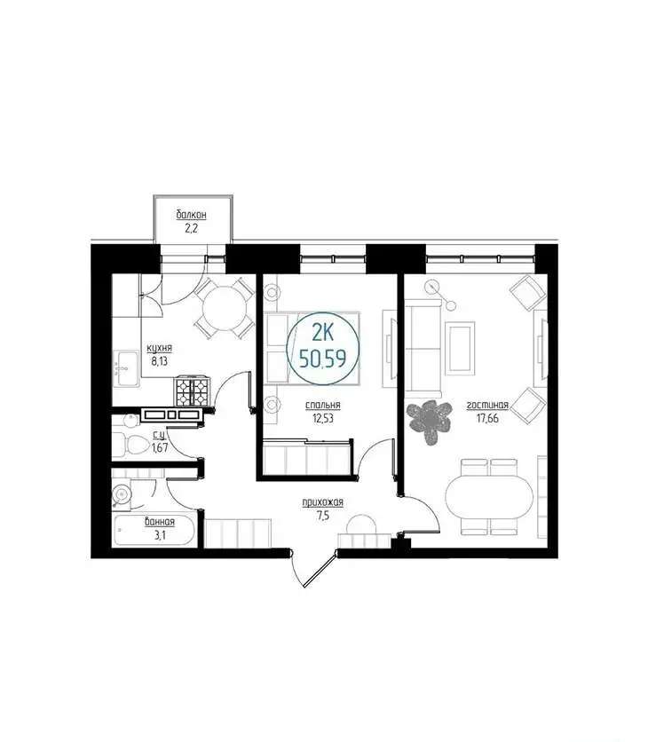 2х комнатная квартира в черновой отделке, рабочий поселок Маркова, 52,00 м², 3 эт., Свердловский, рабочий поселок Маркова